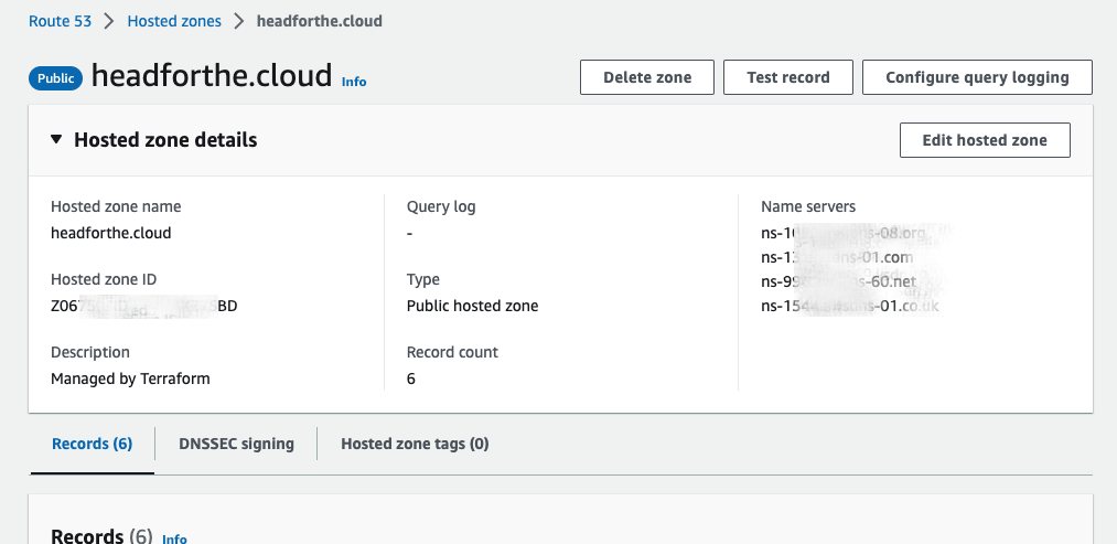image of hosted zone in AWS console
